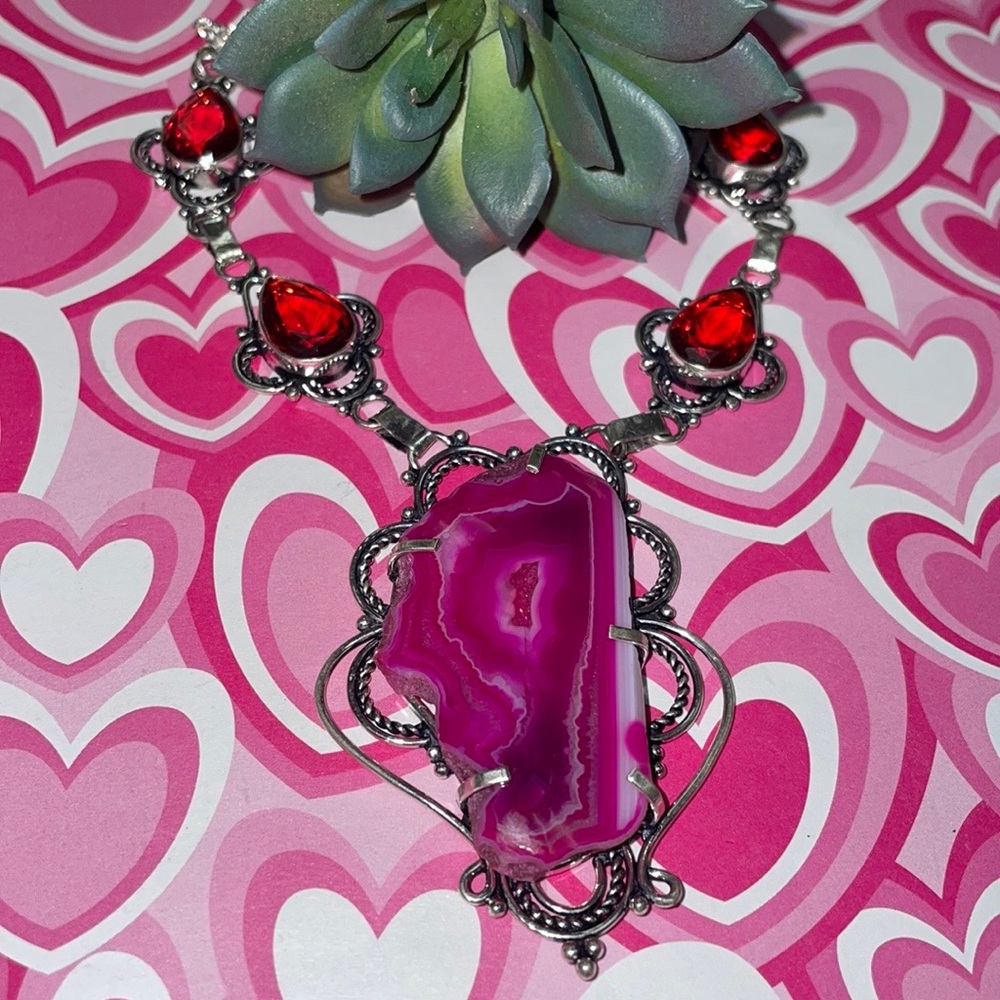 Agate & Garnet Silver Necklace
